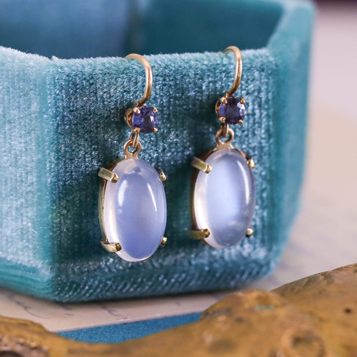 Vintage Moonstone and Sapphire Earrings of 14k Gold - Trademark Antiques