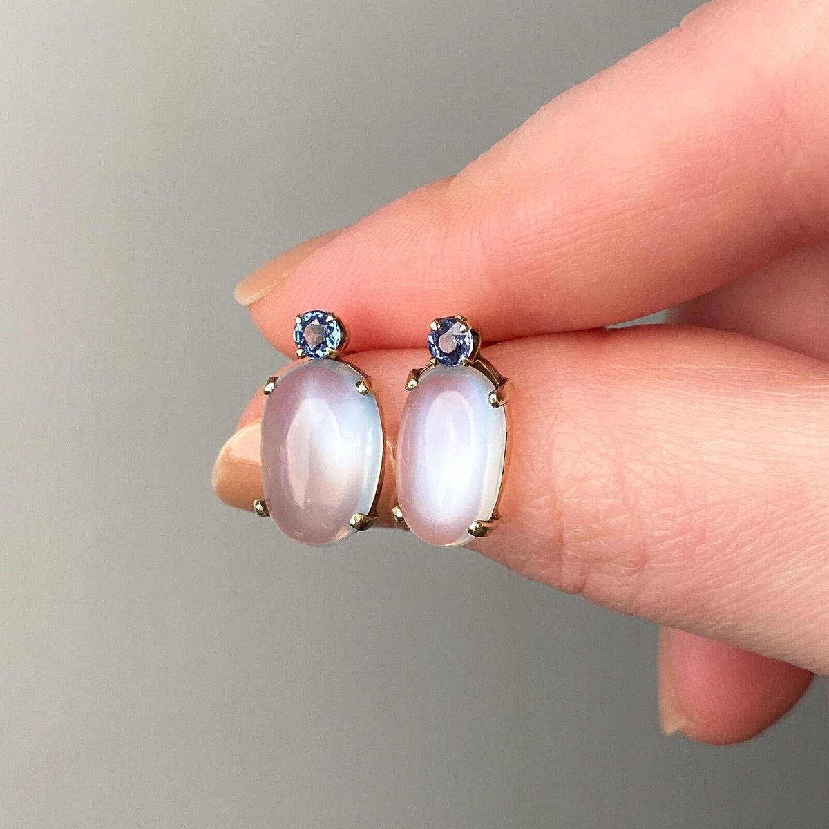 Vintage Moonstone and Sapphire Earrings of 14k Gold - Trademark Antiques