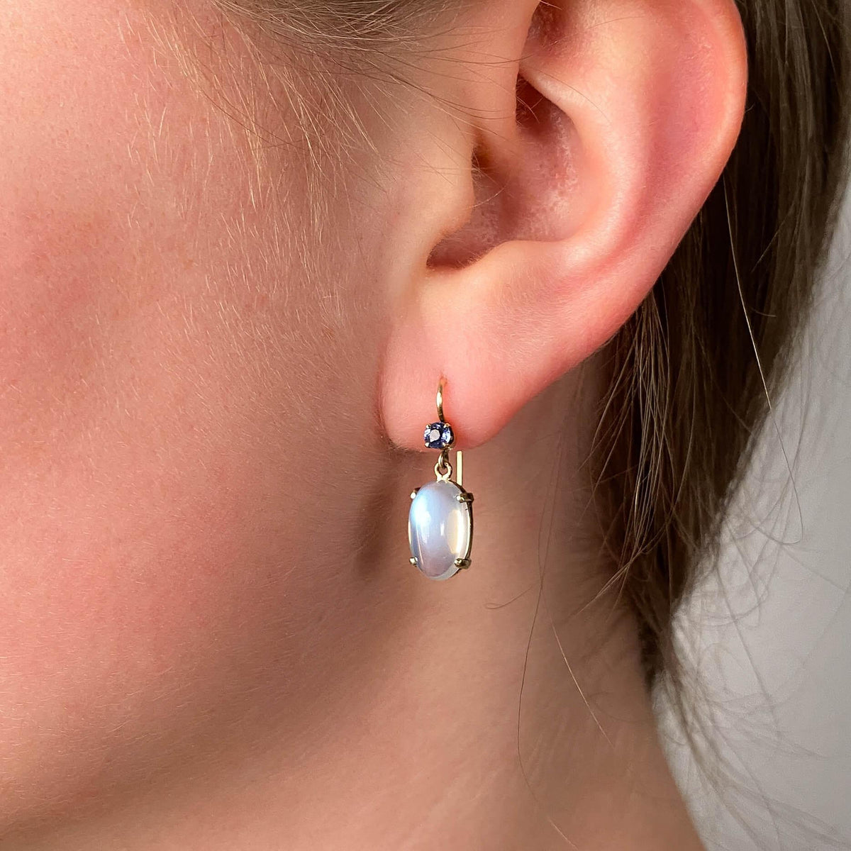 Vintage Moonstone and Sapphire Earrings of 14k Gold - Trademark Antiques