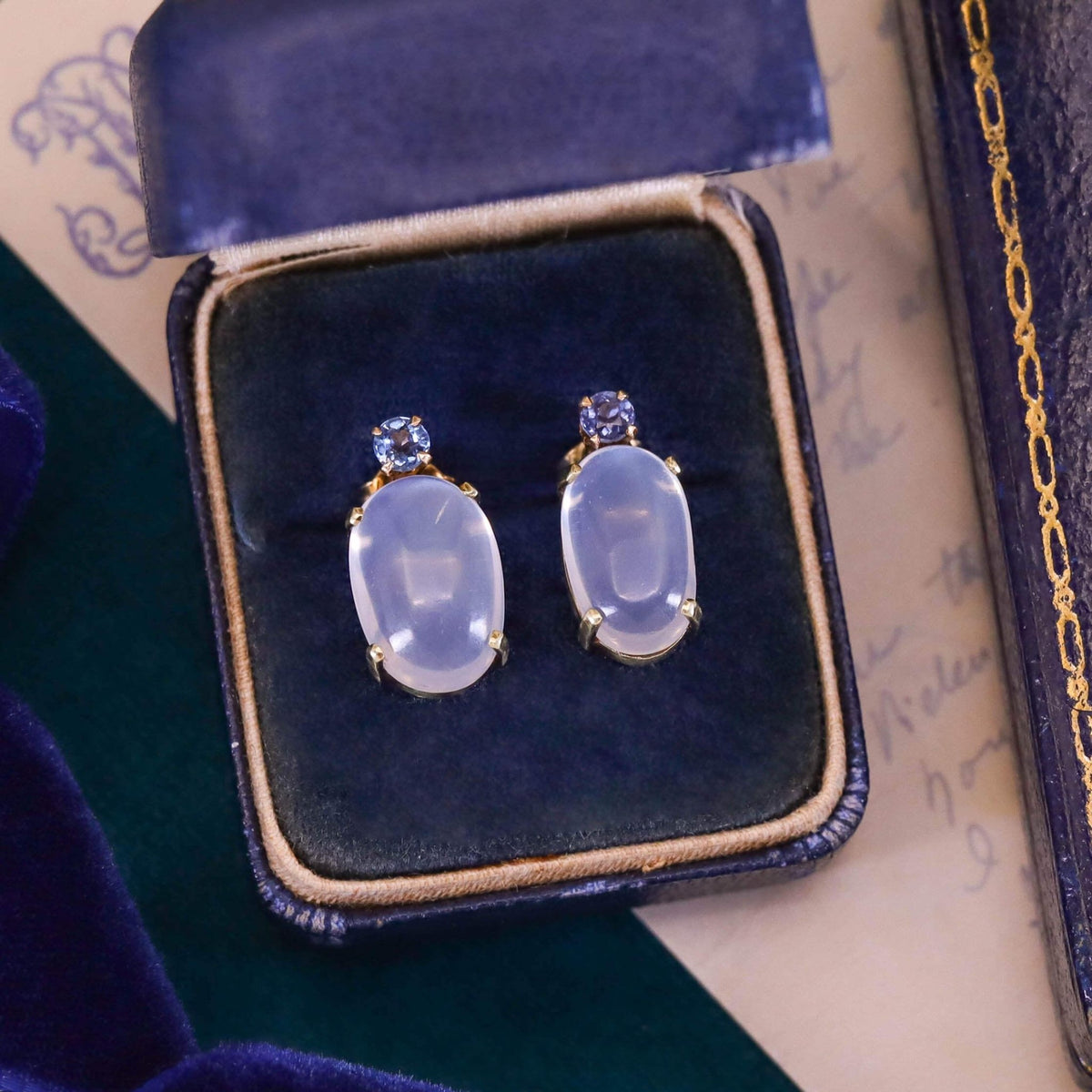 Vintage Moonstone and Sapphire Earrings of 14k Gold - Trademark Antiques