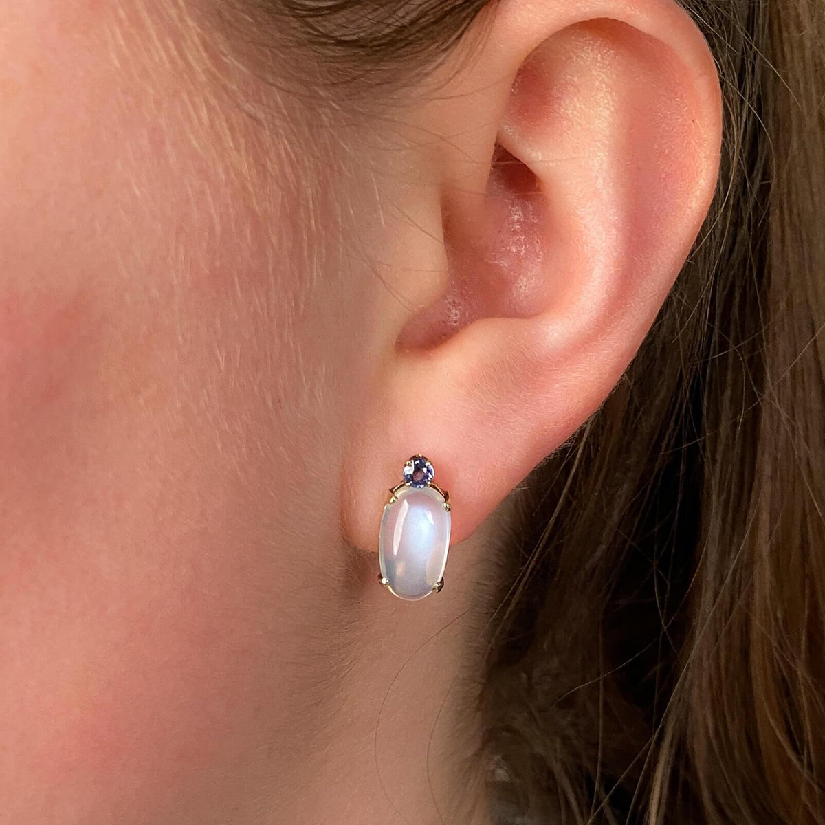 Vintage Moonstone and Sapphire Earrings of 14k Gold - Trademark Antiques