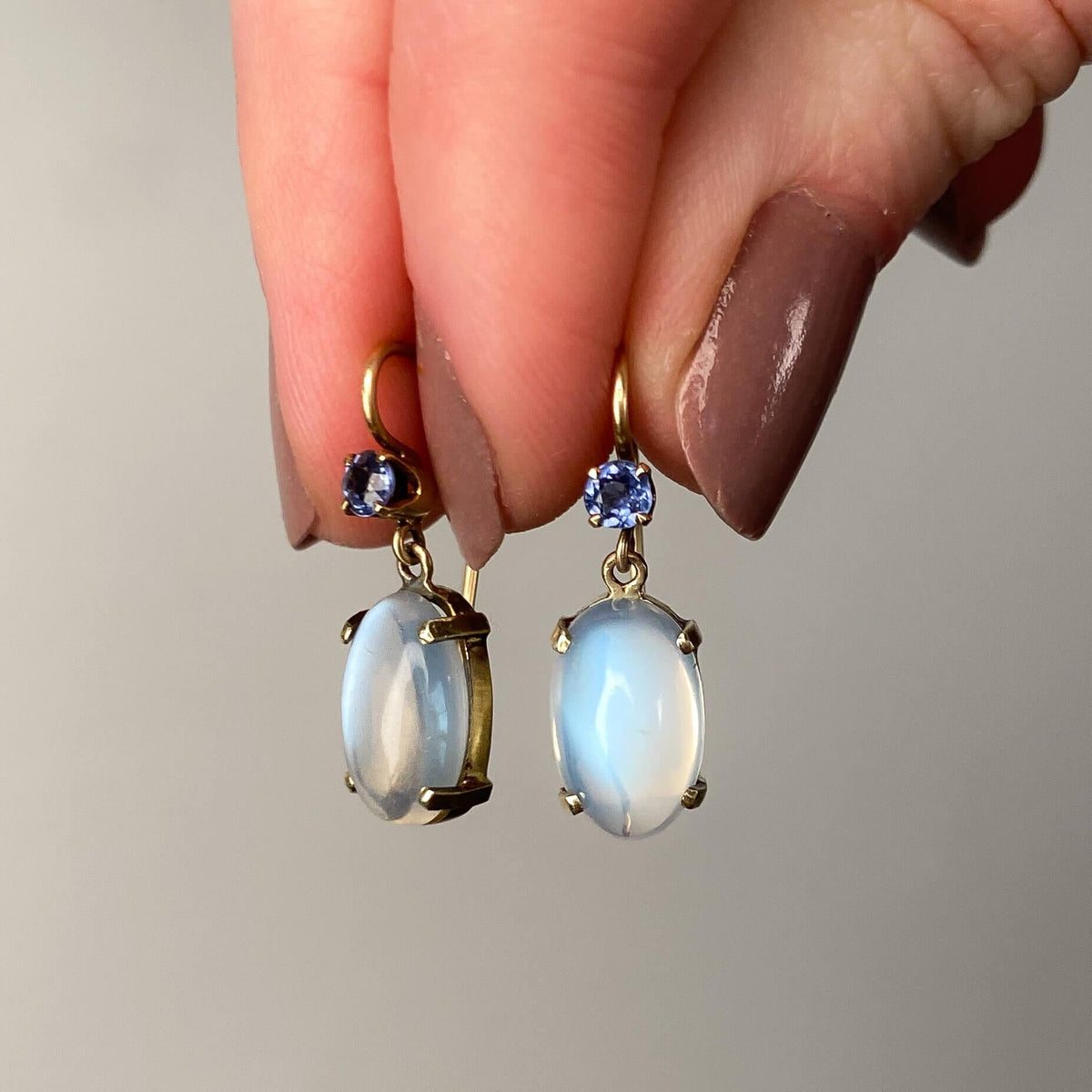Vintage Moonstone and Sapphire Earrings of 14k Gold - Trademark Antiques
