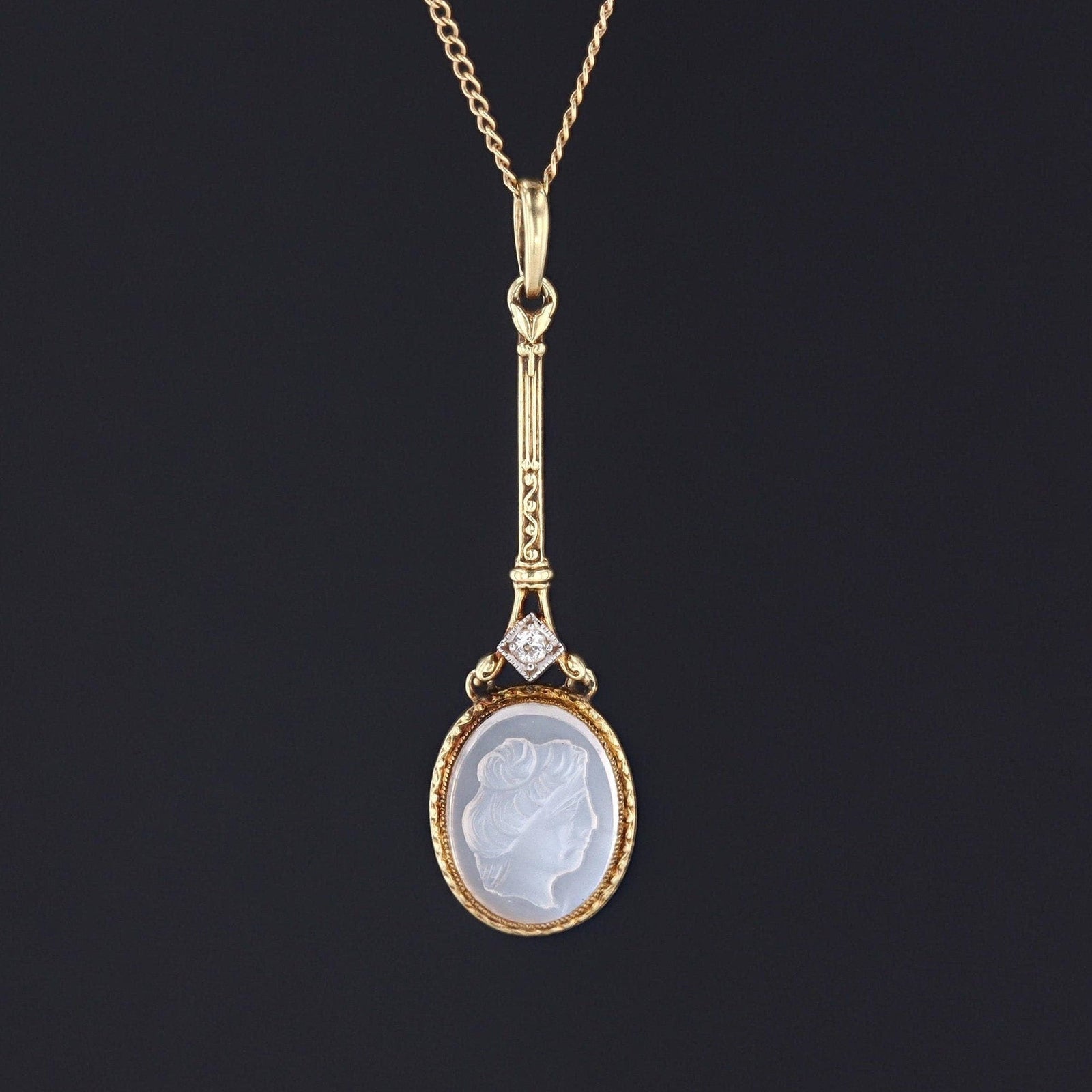 Vintage Moonstone Cameo Pendant of 14k Gold - Trademark Antiques