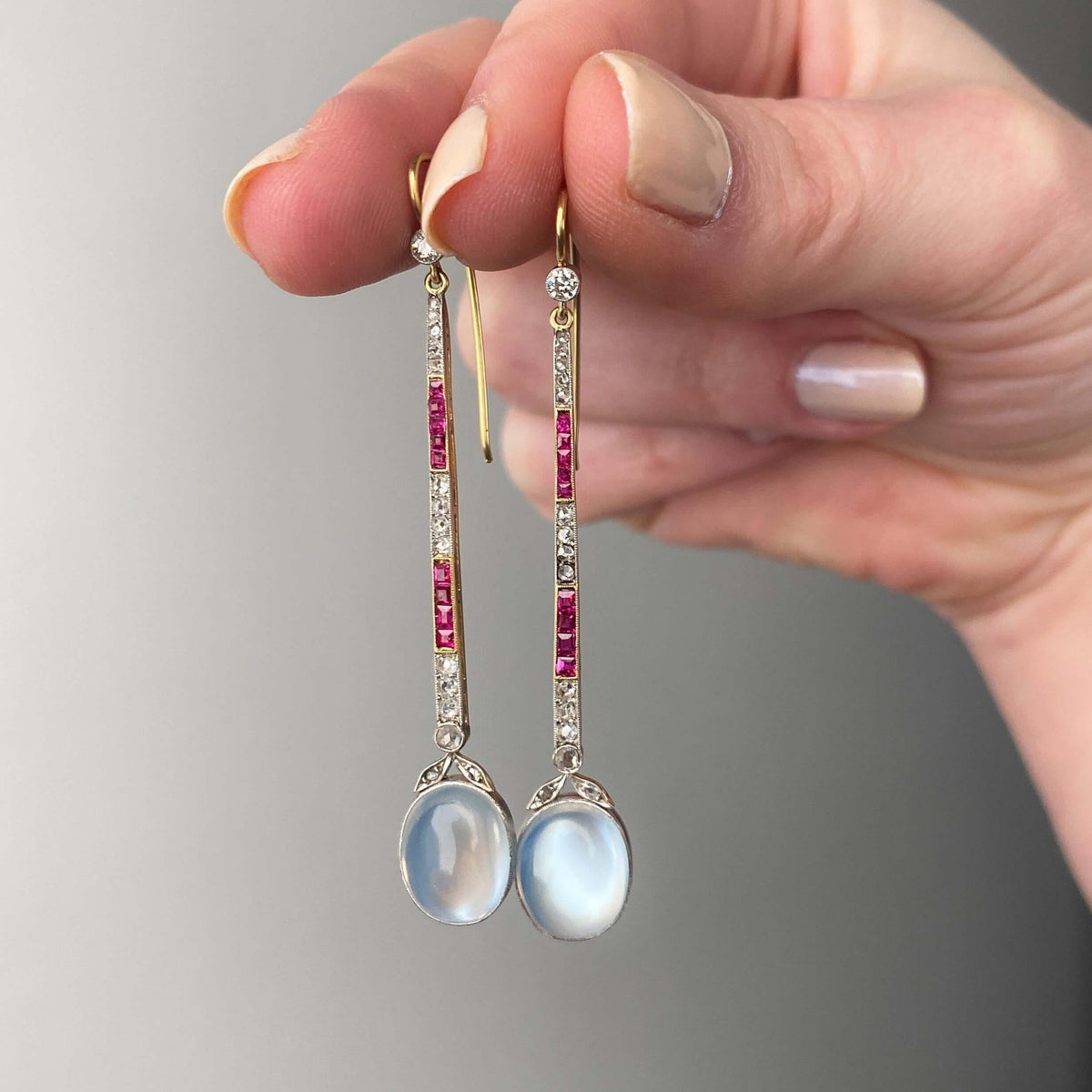 Vintage Moonstone, Diamond, and Ruby Earrings of Platinum and 18k Gold - Trademark Antiques
