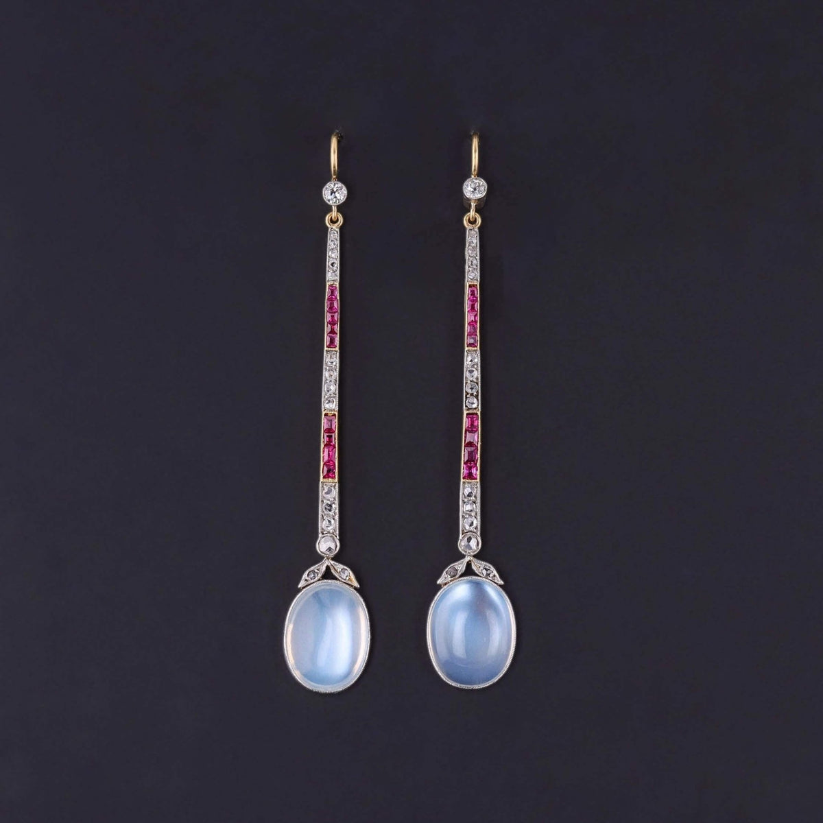 Vintage Moonstone, Diamond, and Ruby Earrings of Platinum and 18k Gold - Trademark Antiques