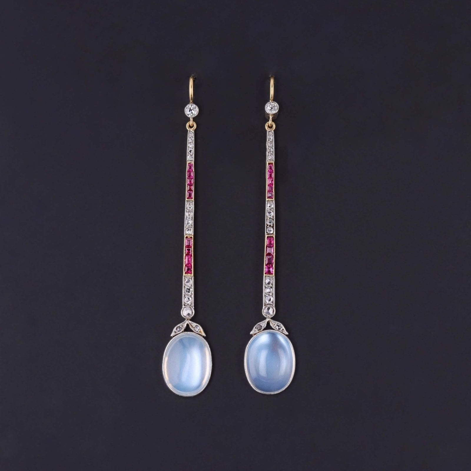 Vintage Moonstone, Diamond, and Ruby Earrings of Platinum and 18k Gold - Trademark Antiques