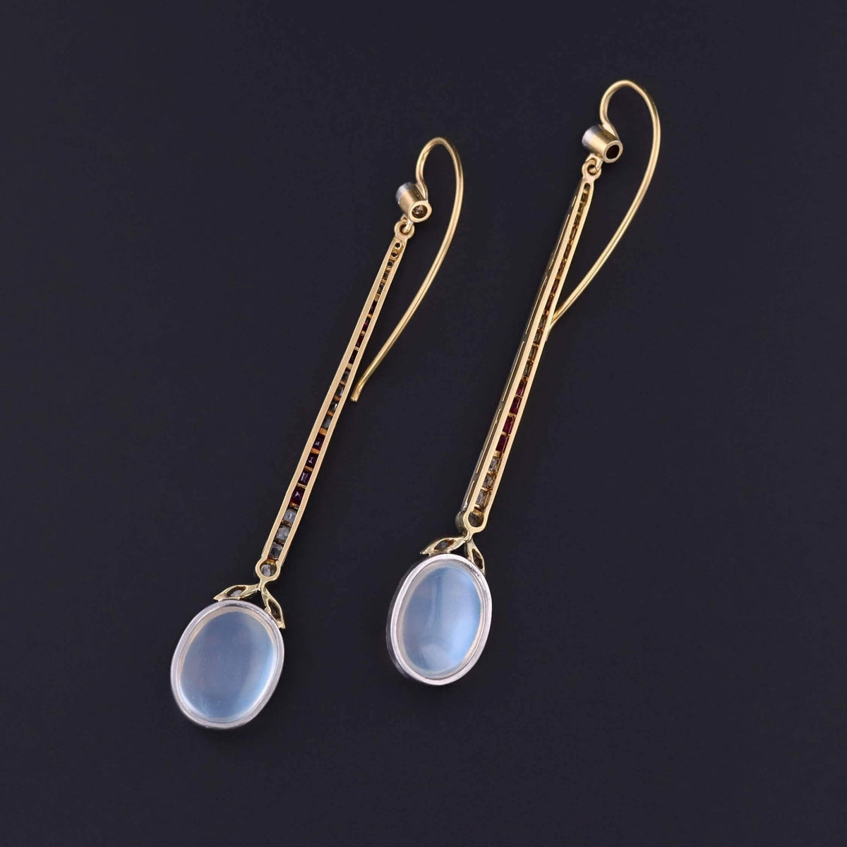 Vintage Moonstone, Diamond, and Ruby Earrings of Platinum and 18k Gold - Trademark Antiques