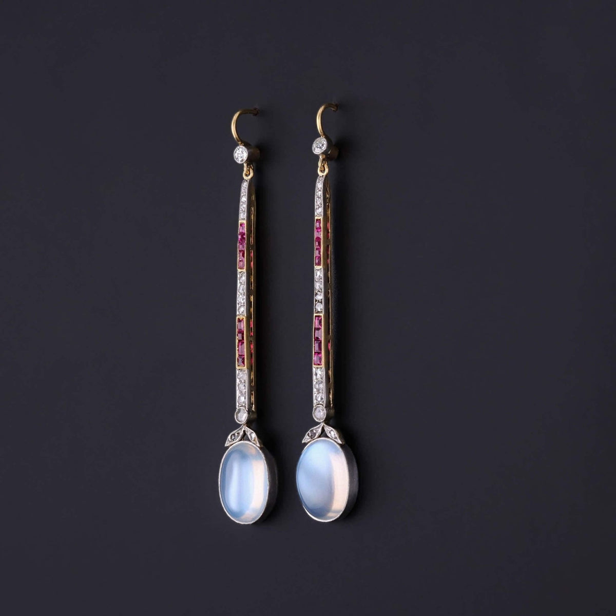 Vintage Moonstone, Diamond, and Ruby Earrings of Platinum and 18k Gold - Trademark Antiques