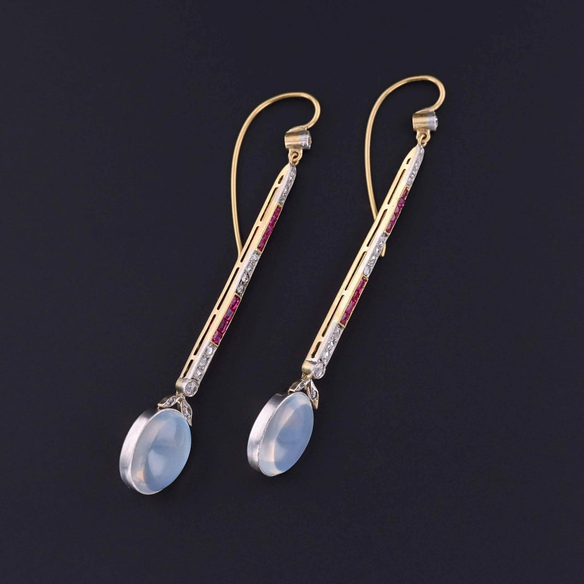 Vintage Moonstone, Diamond, and Ruby Earrings of Platinum and 18k Gold - Trademark Antiques
