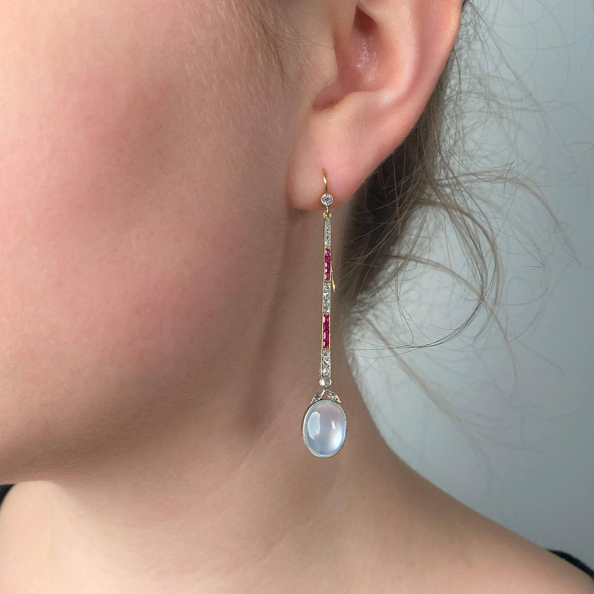 Vintage Moonstone, Diamond, and Ruby Earrings of Platinum and 18k Gold - Trademark Antiques