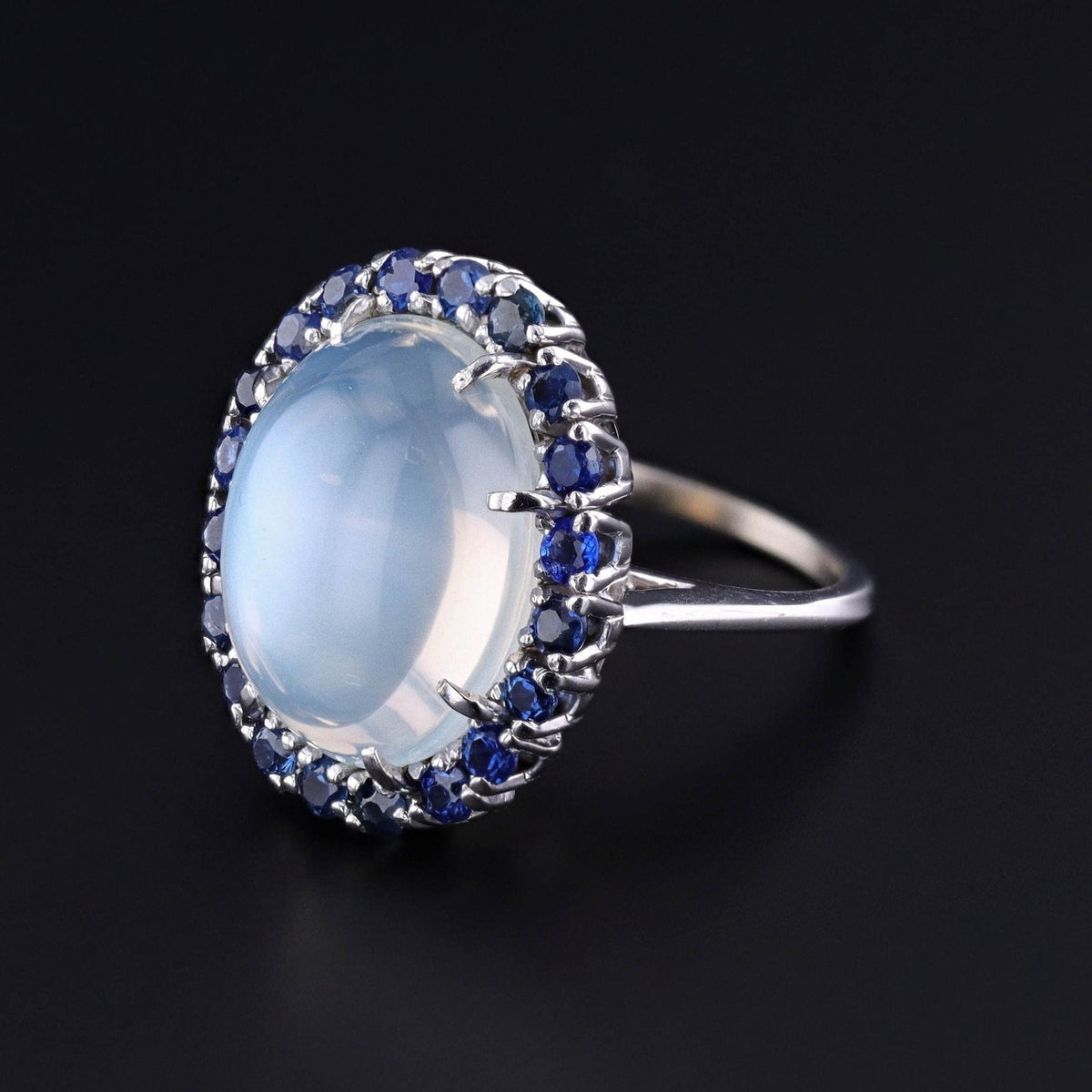 Vintage Moonstone &amp; Sapphire Ring of 14k White Gold - Trademark Antiques
