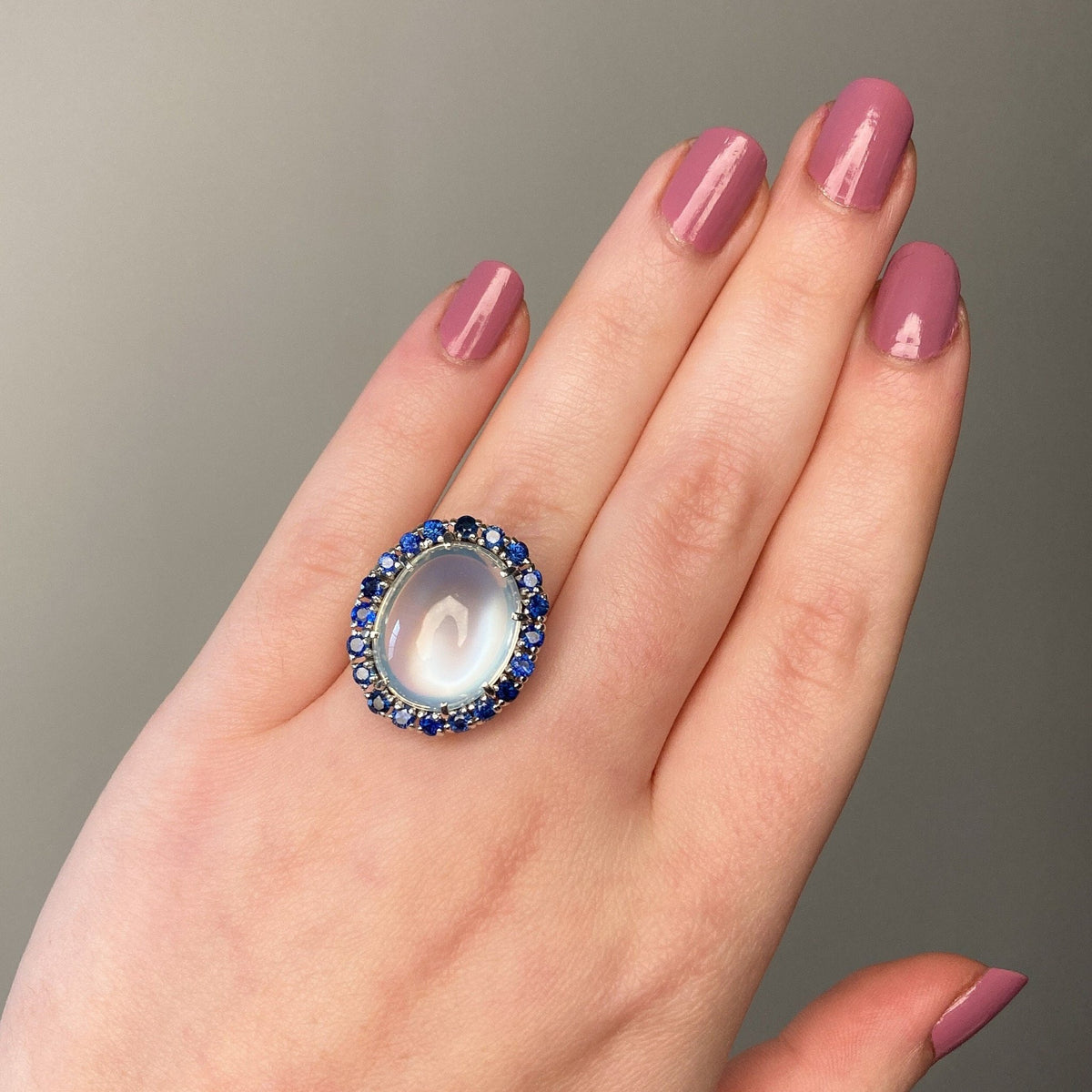 Vintage Moonstone &amp; Sapphire Ring of 14k White Gold - Trademark Antiques