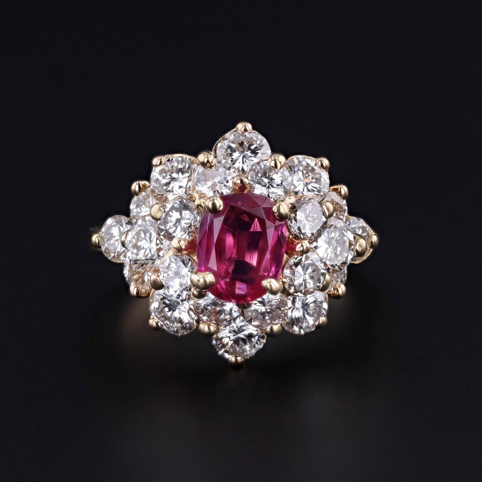 Vintage Natural Burmese Ruby and Diamond Cluster Ring with Certification - Trademark Antiques