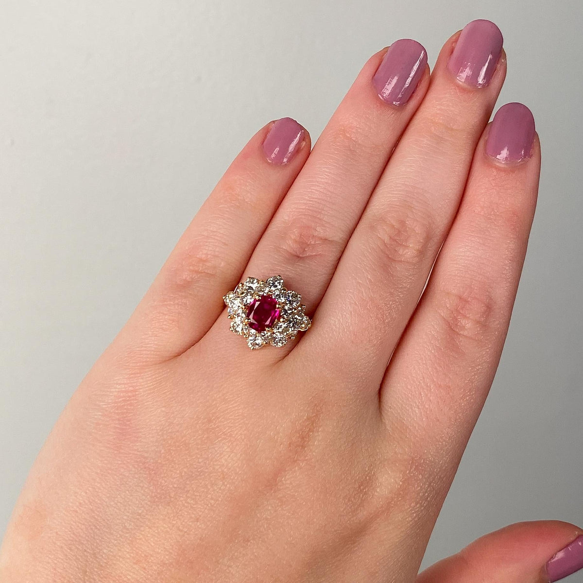 Vintage Natural Burmese Ruby and Diamond Cluster Ring with Certification - Trademark Antiques