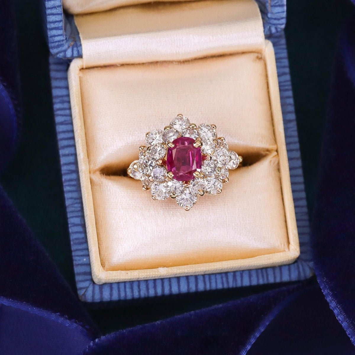 Vintage Natural Burmese Ruby and Diamond Cluster Ring with Certification - Trademark Antiques