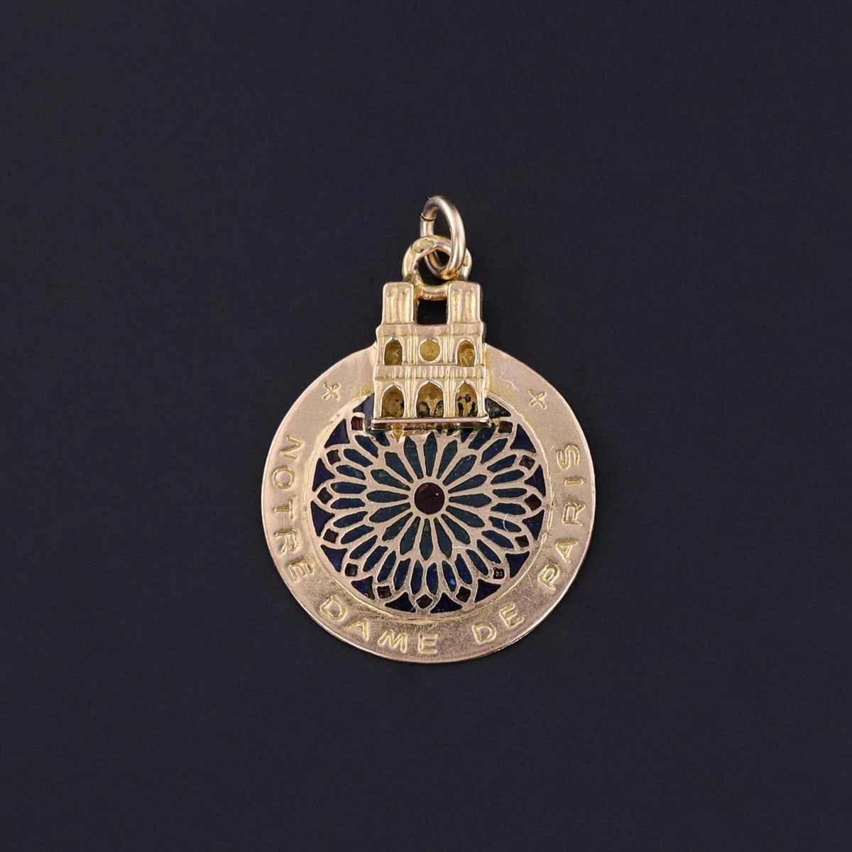 Vintage Notre Dame Pendant Plique a Jour Pendant of 18k Gold - Trademark Antiques
