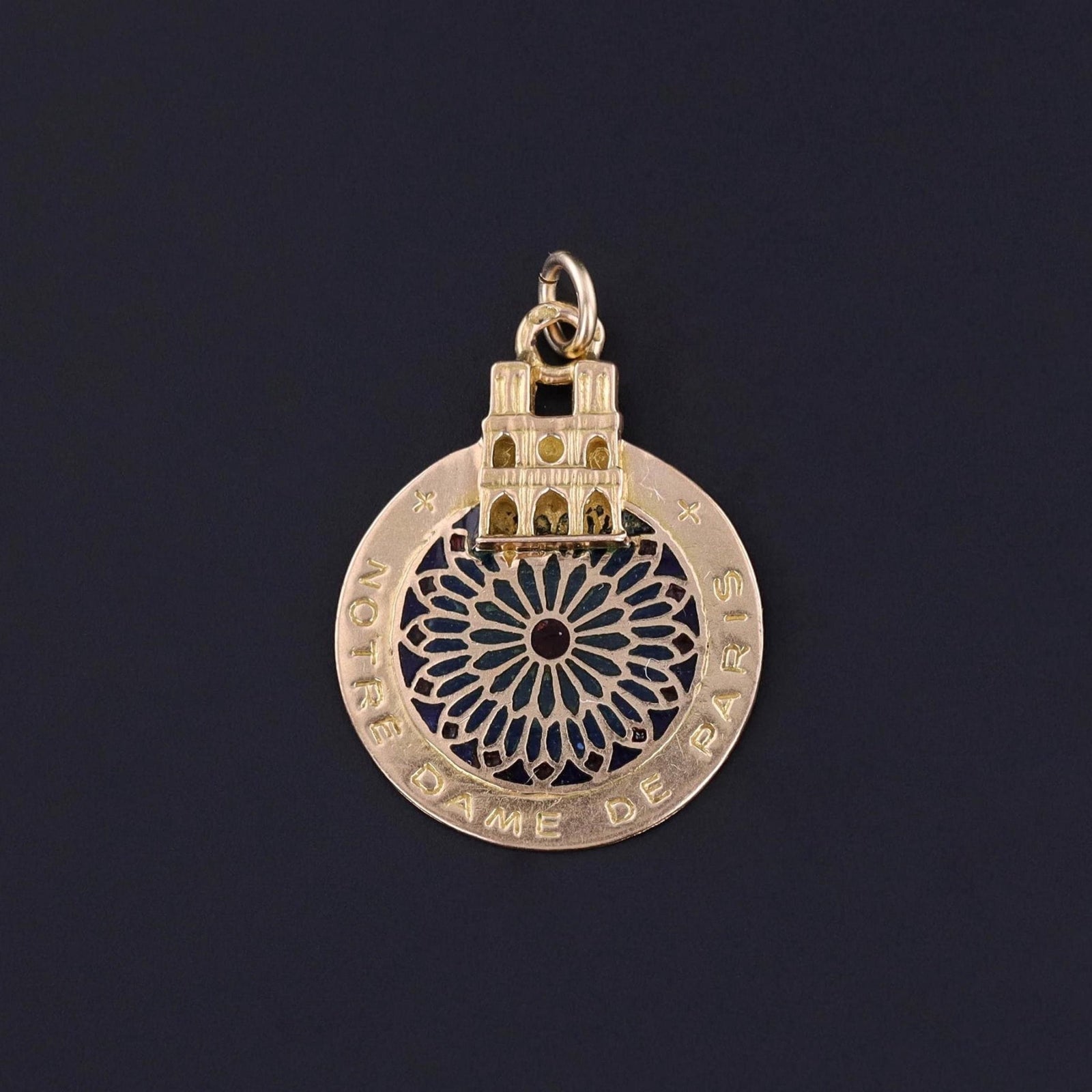 Vintage Notre Dame Pendant Plique a Jour Pendant of 18k Gold - Trademark Antiques