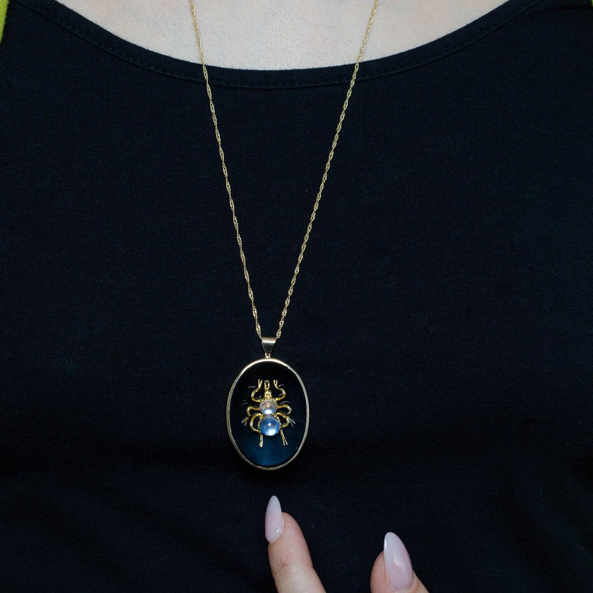 Vintage Onyx and Moonstone Insect Pendant of 14k Gold - Trademark Antiques