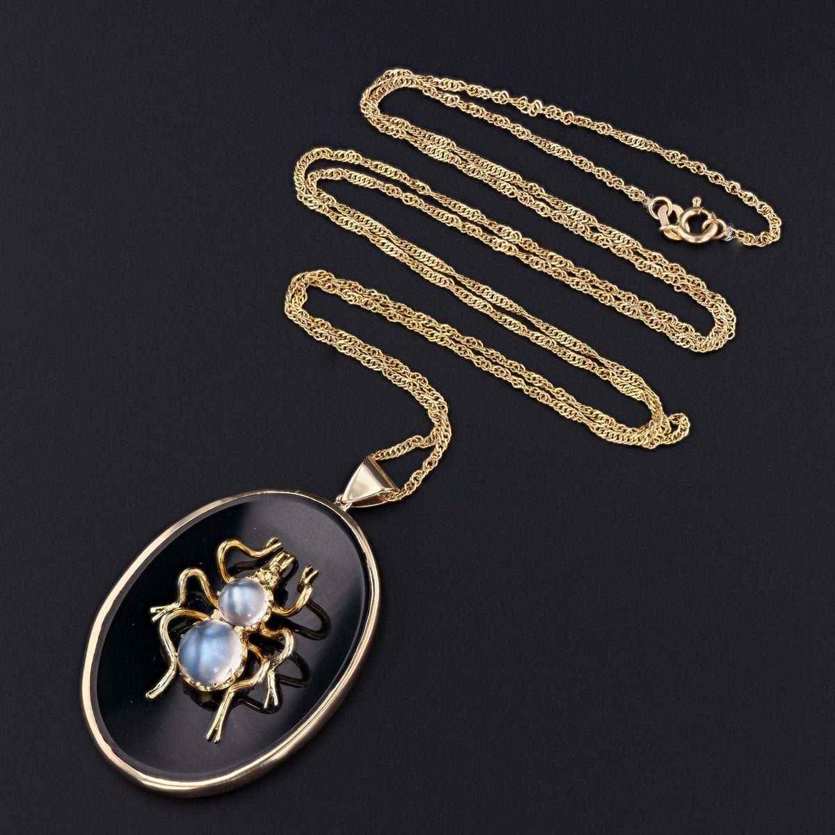 Vintage Onyx and Moonstone Insect Pendant of 14k Gold - Trademark Antiques