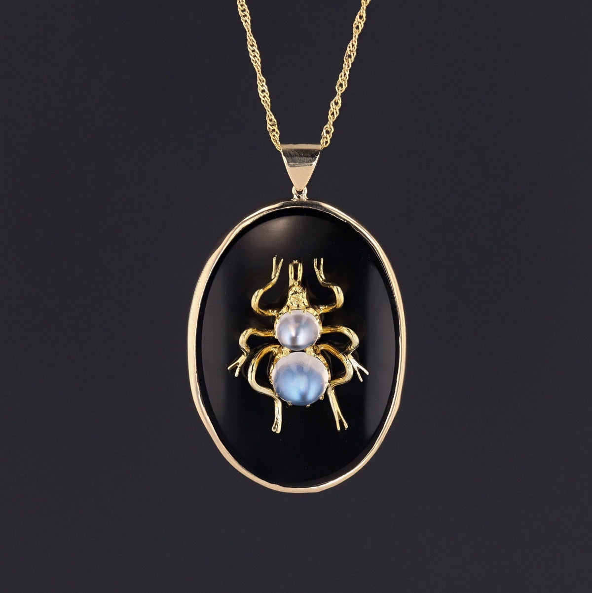 Vintage Onyx and Moonstone Insect Pendant of 14k Gold - Trademark Antiques