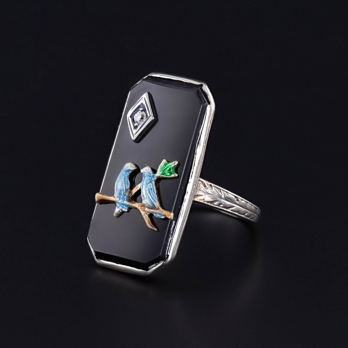 Vintage Onyx &amp; Enamel Bird Ring of 14k White Gold - Trademark Antiques