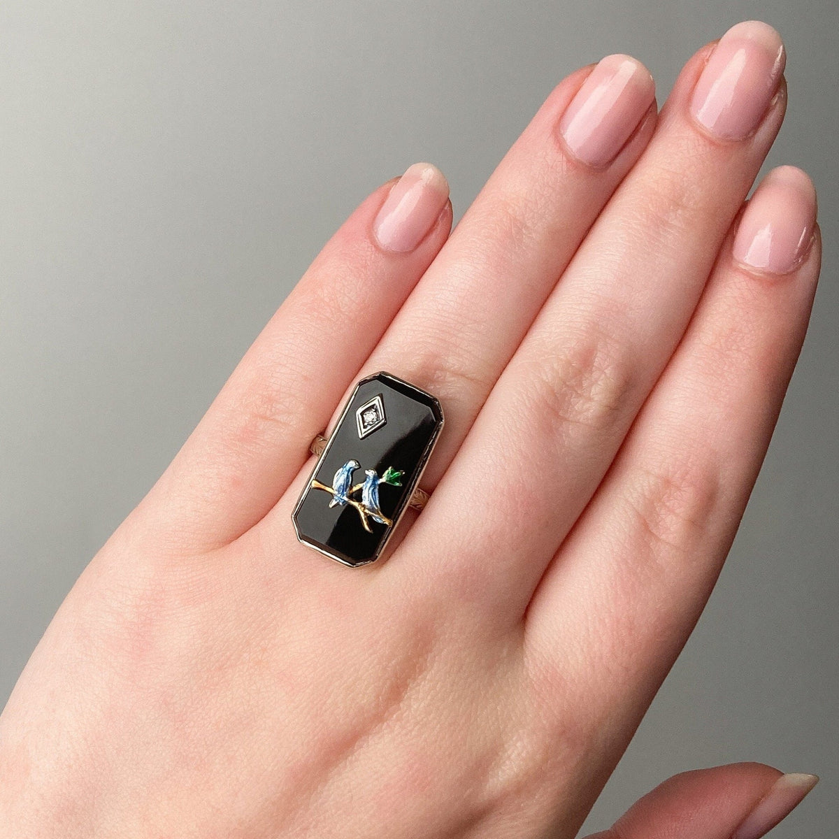 Vintage Onyx &amp; Enamel Bird Ring of 14k White Gold - Trademark Antiques