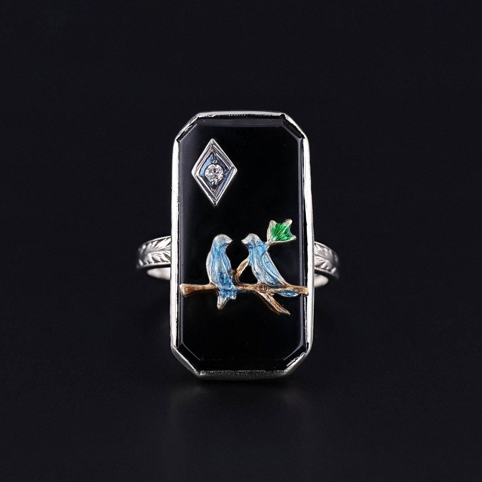 Vintage Onyx & Enamel Bird Ring of 14k White Gold - Trademark Antiques
