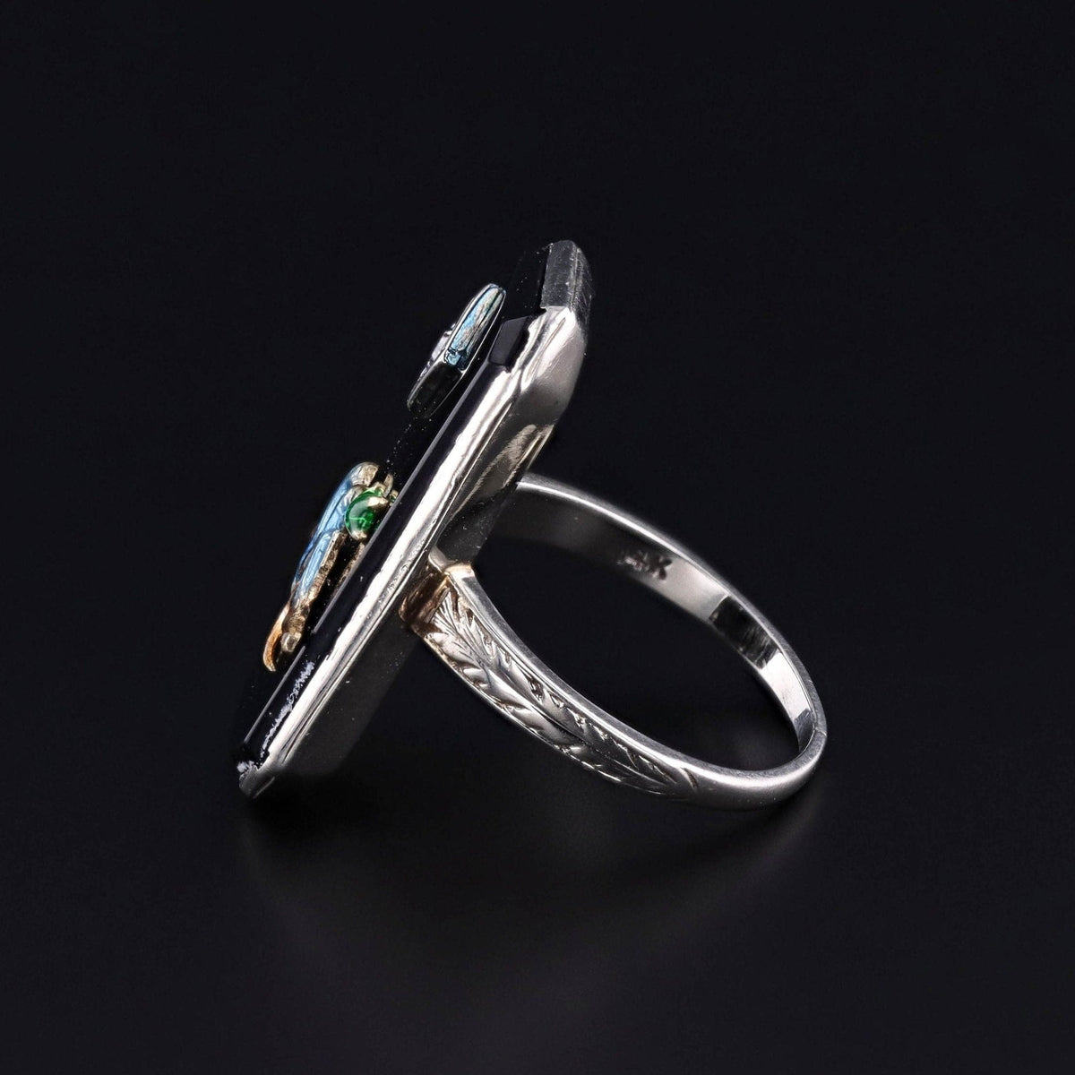 Vintage Onyx &amp; Enamel Bird Ring of 14k White Gold - Trademark Antiques