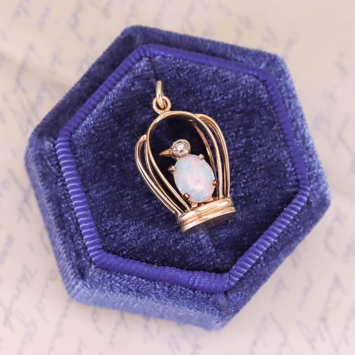 Vintage Opal Bird in Birdcage of 14k Gold - Trademark Antiques