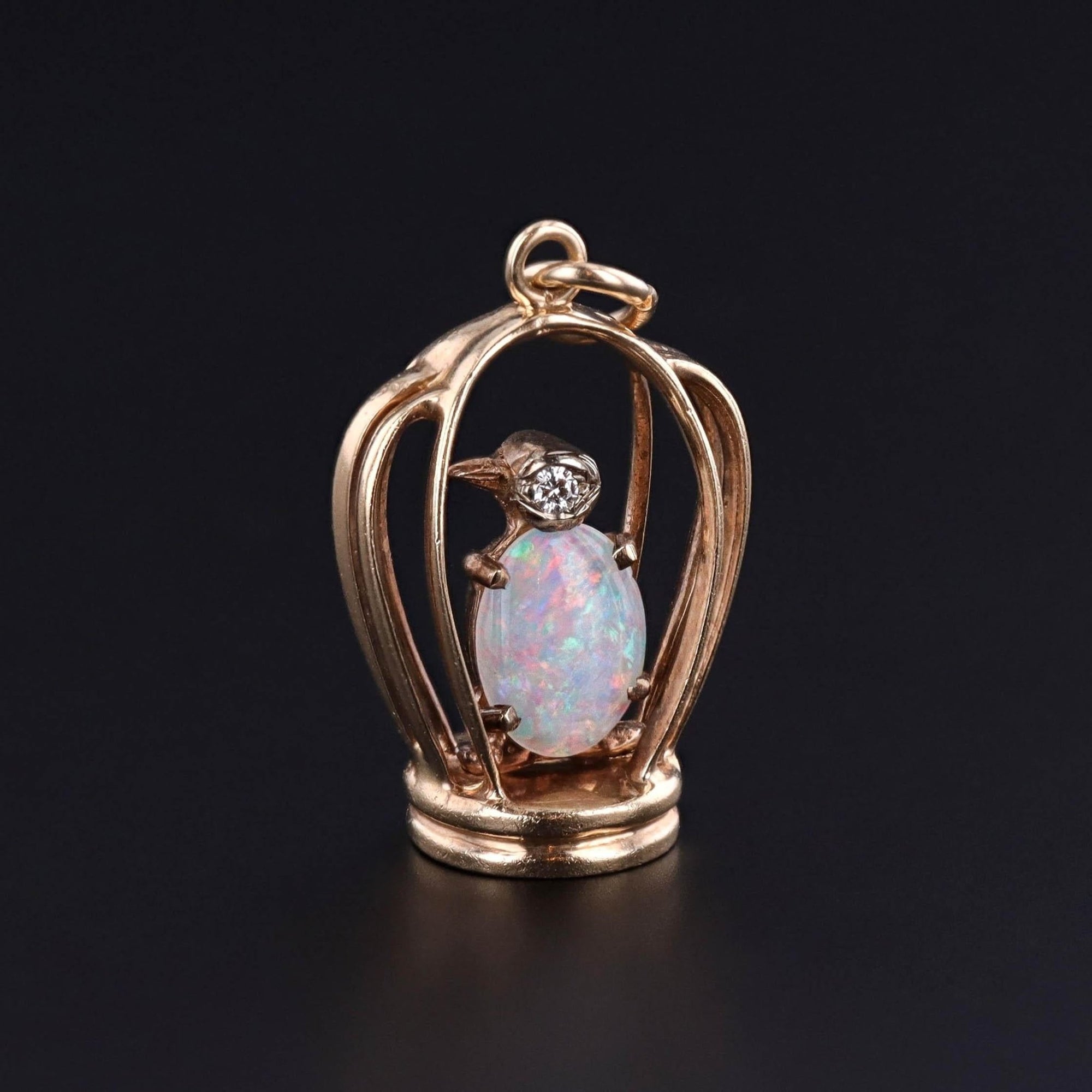 Vintage Opal Bird in Birdcage of 14k Gold - Trademark Antiques