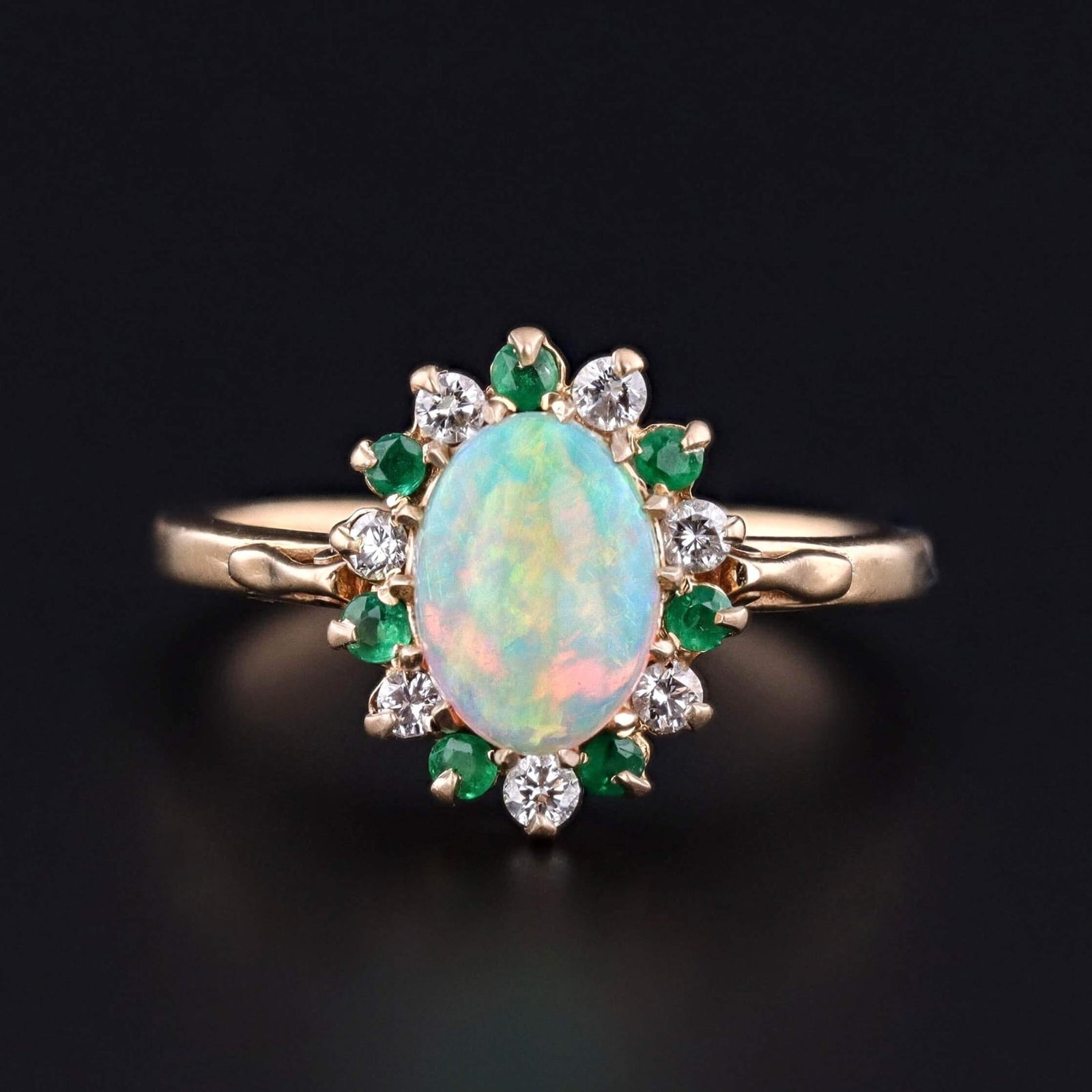 Vintage Opal, Diamond, and Emerald Ring of 14k Gold - Trademark Antiques