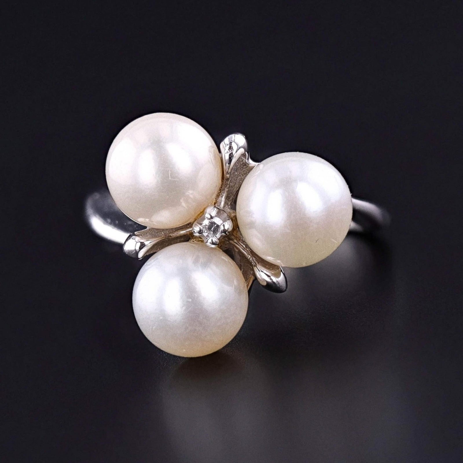 Vintage Pearl and Diamond Ring of 14k White Gold - Trademark Antiques