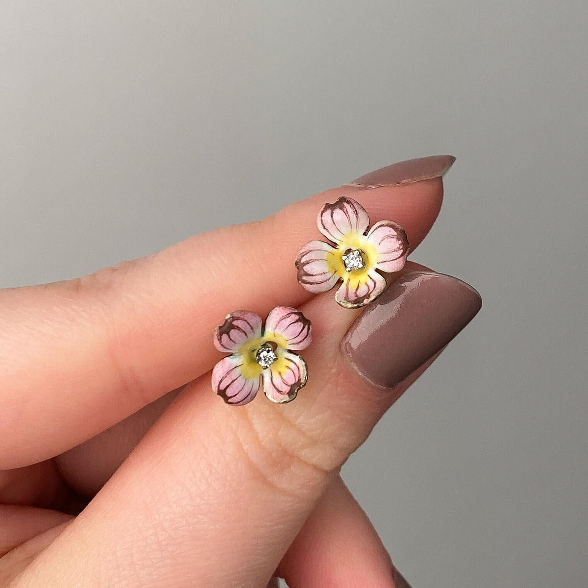 Vintage Pink Dogwood Flower Enamel Earrings of 14k Gold - Trademark Antiques
