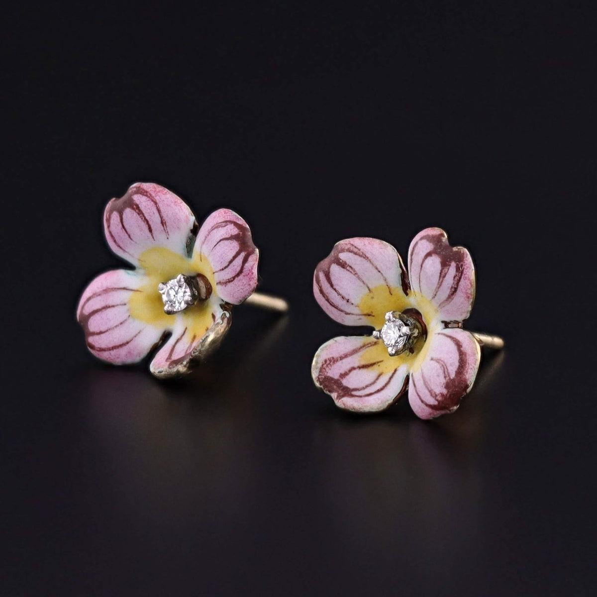 Vintage Pink Dogwood Flower Enamel Earrings of 14k Gold - Trademark Antiques
