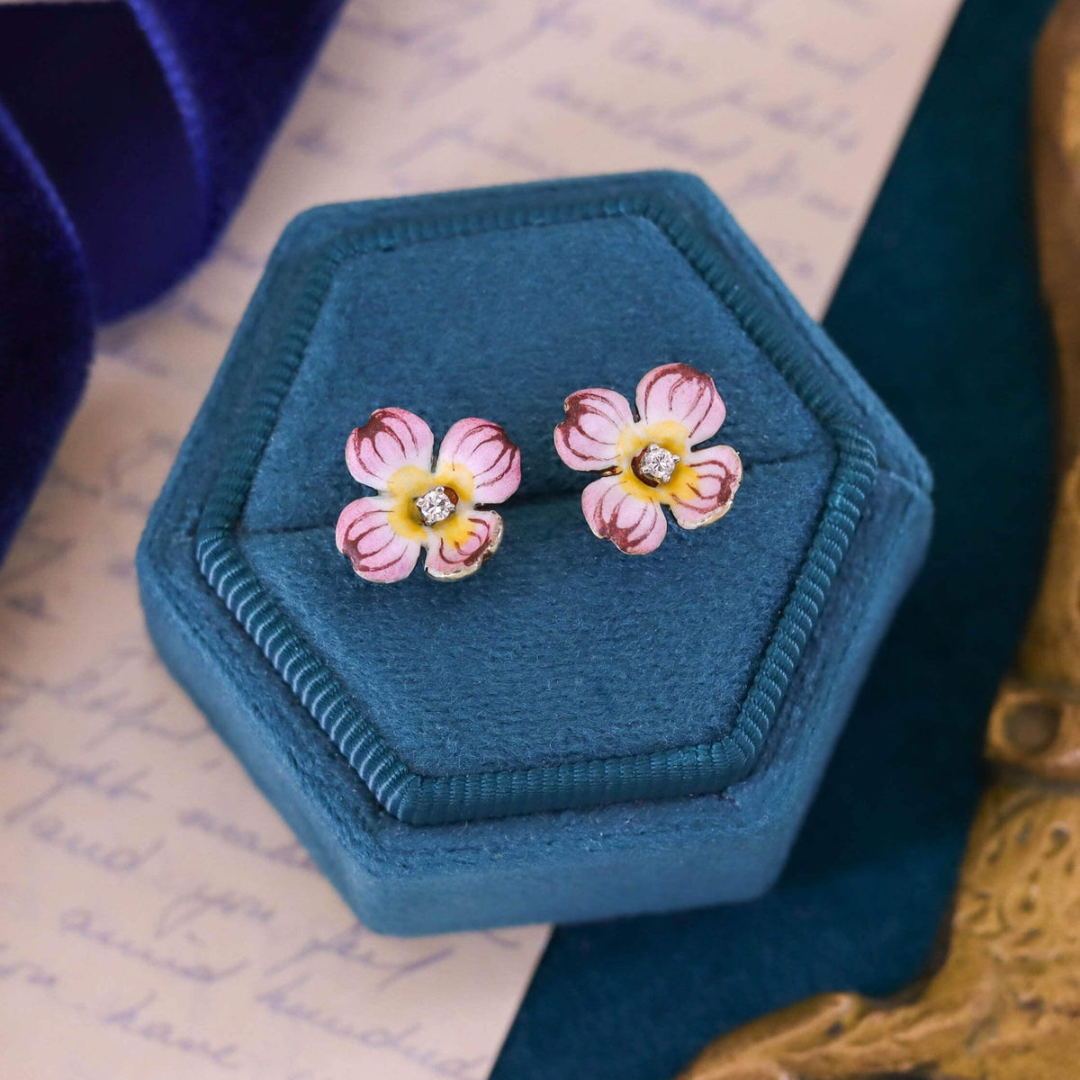 Vintage Pink Dogwood Flower Enamel Earrings of 14k Gold - Trademark Antiques