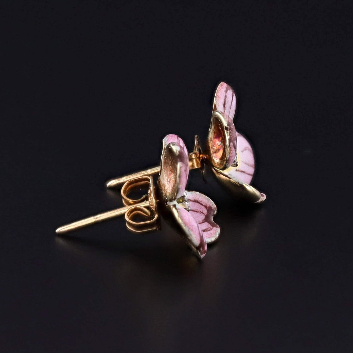 Vintage Pink Dogwood Flower Enamel Earrings of 14k Gold - Trademark Antiques