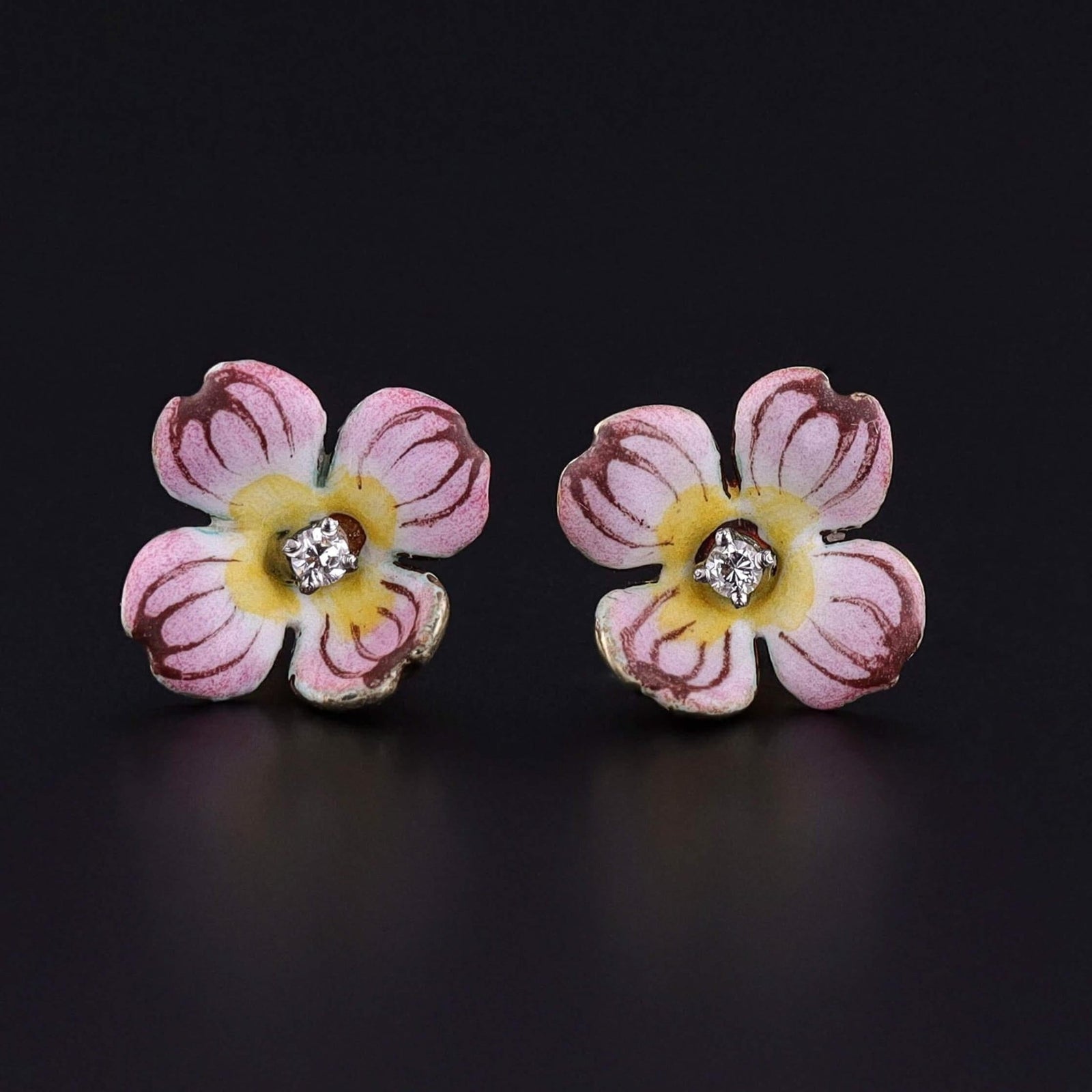 Vintage Pink Dogwood Flower Enamel Earrings of 14k Gold - Trademark Antiques