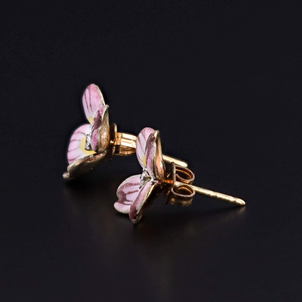 Vintage Pink Dogwood Flower Enamel Earrings of 14k Gold - Trademark Antiques
