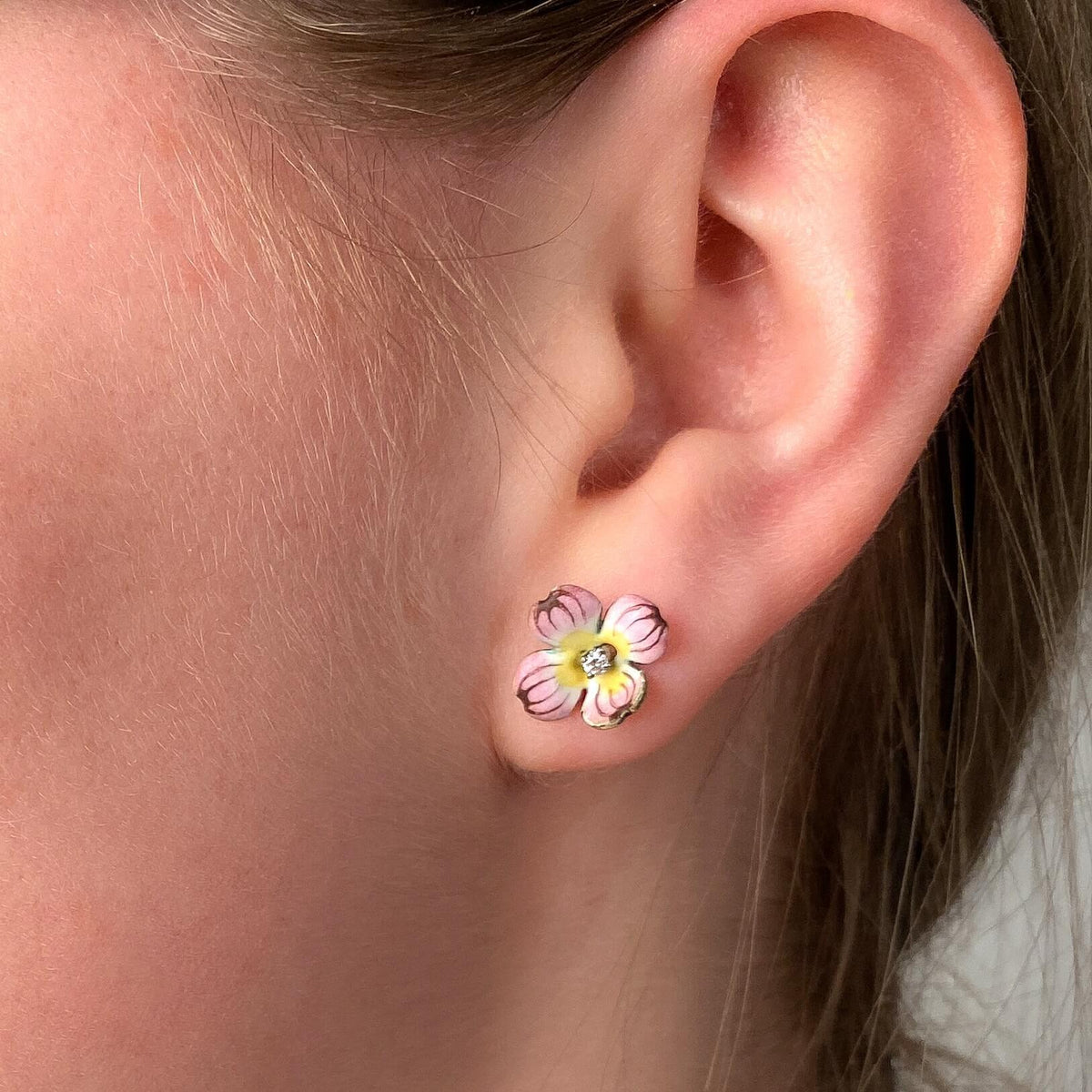 Vintage Pink Dogwood Flower Enamel Earrings of 14k Gold - Trademark Antiques