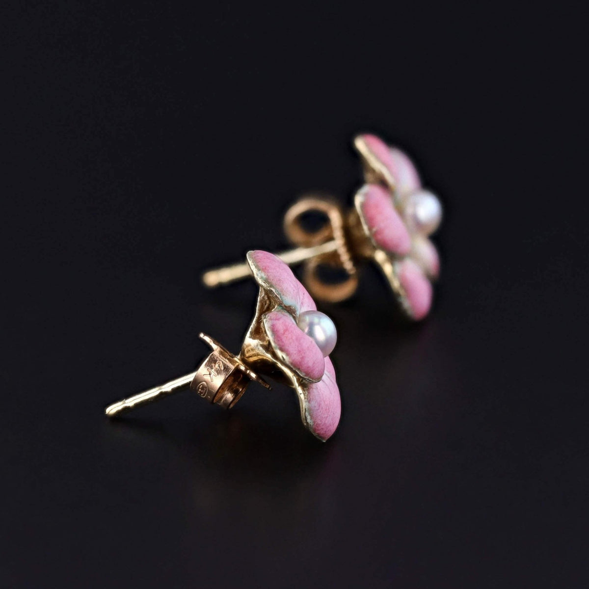 Vintage Pink Enamel and Pearl Flower Earrings of 14k Gold - Trademark Antiques