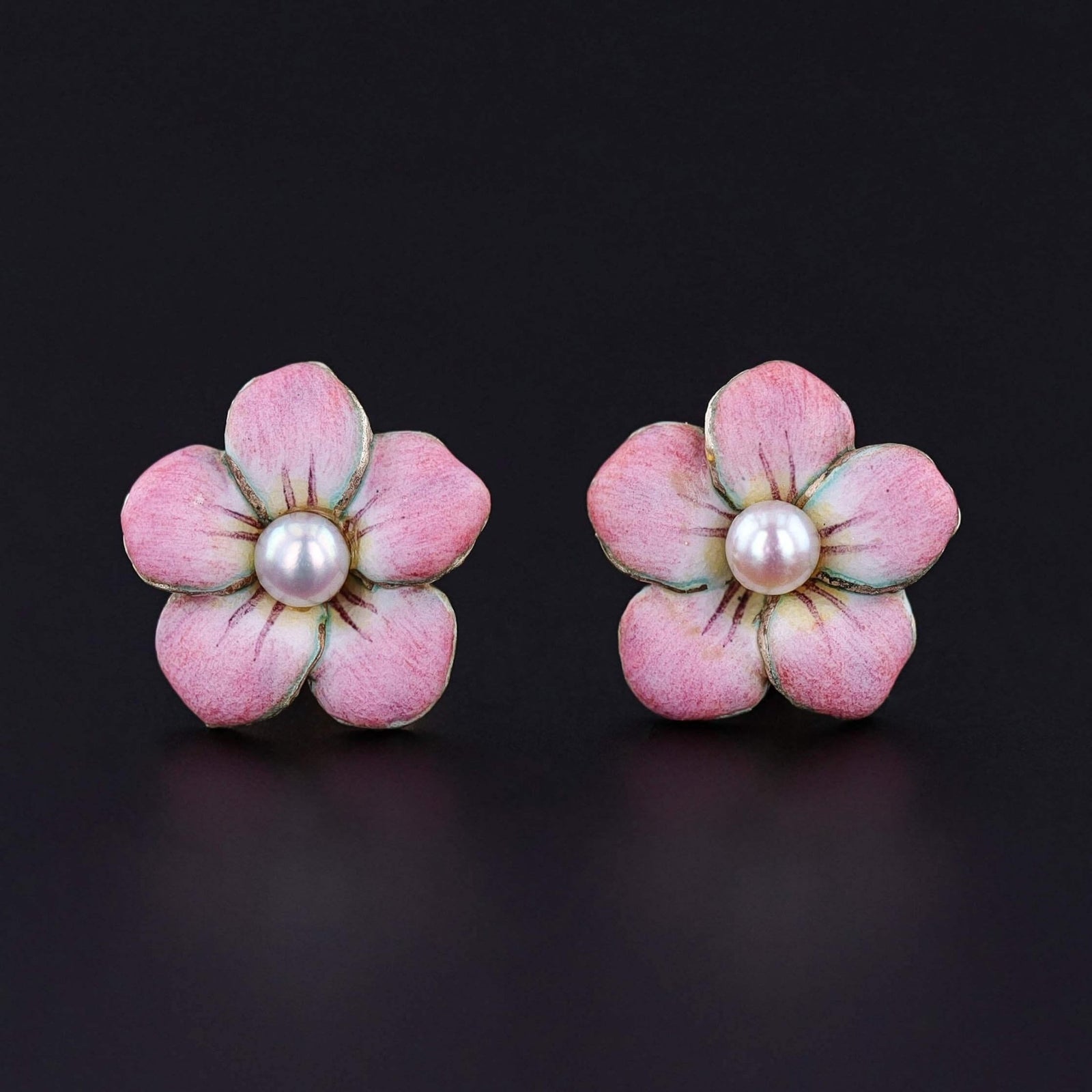 Vintage Pink Enamel and Pearl Flower Earrings of 14k Gold - Trademark Antiques