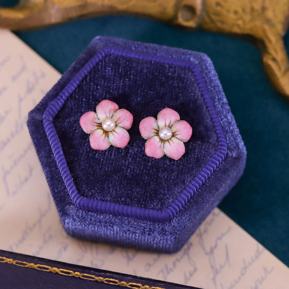 Vintage Pink Enamel and Pearl Flower Earrings of 14k Gold - Trademark Antiques