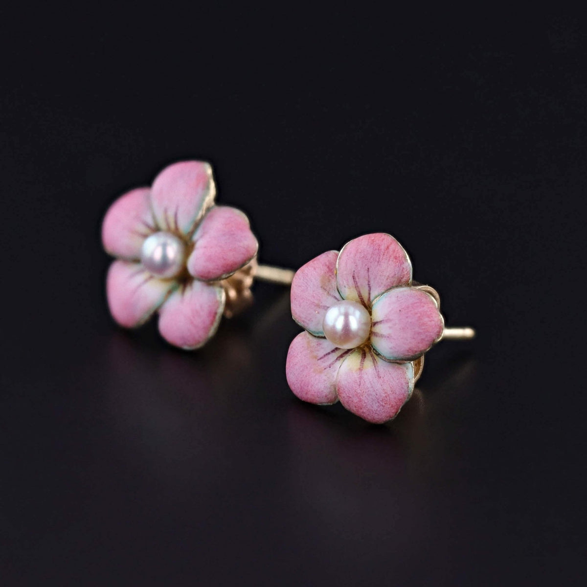 Vintage Pink Enamel and Pearl Flower Earrings of 14k Gold - Trademark Antiques