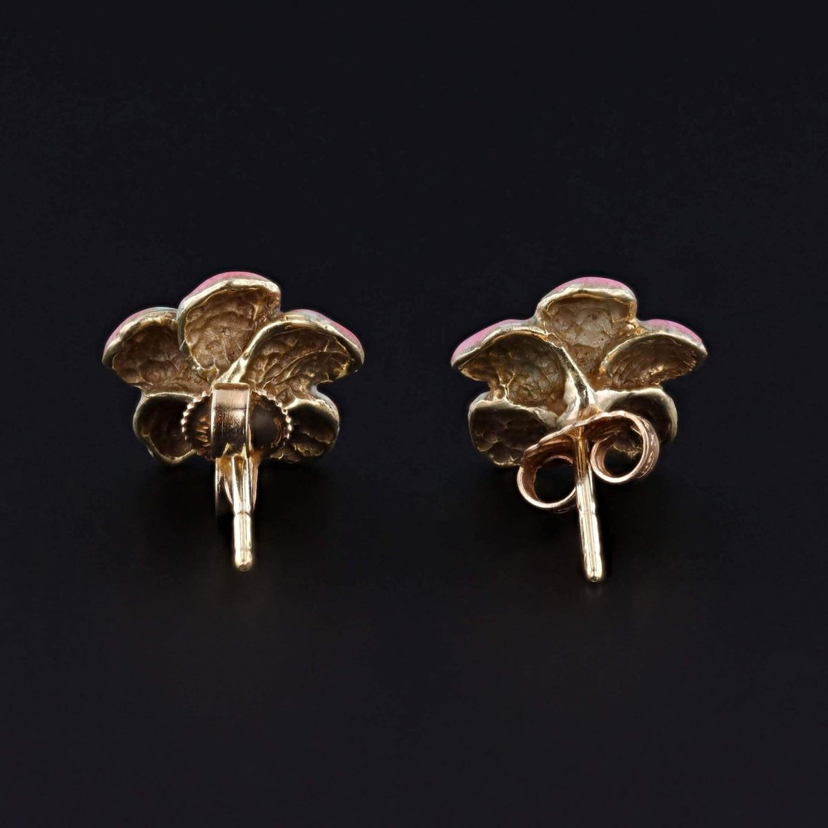 Vintage Pink Enamel and Pearl Flower Earrings of 14k Gold - Trademark Antiques