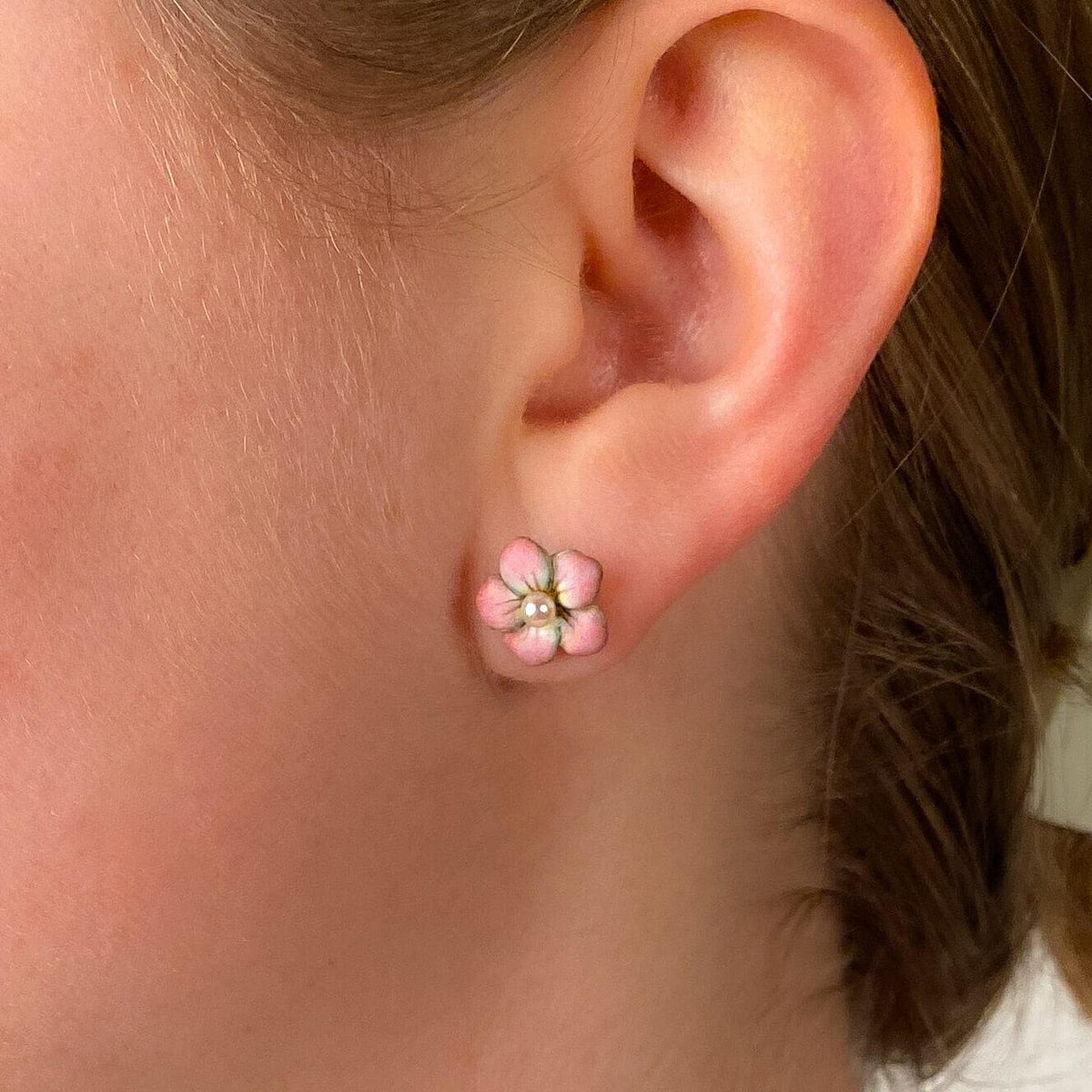 Vintage Pink Enamel and Pearl Flower Earrings of 14k Gold - Trademark Antiques