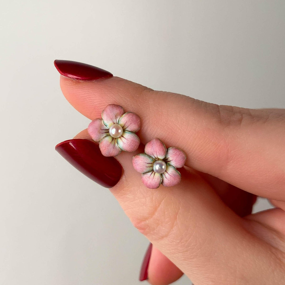 Vintage Pink Enamel and Pearl Flower Earrings of 14k Gold - Trademark Antiques