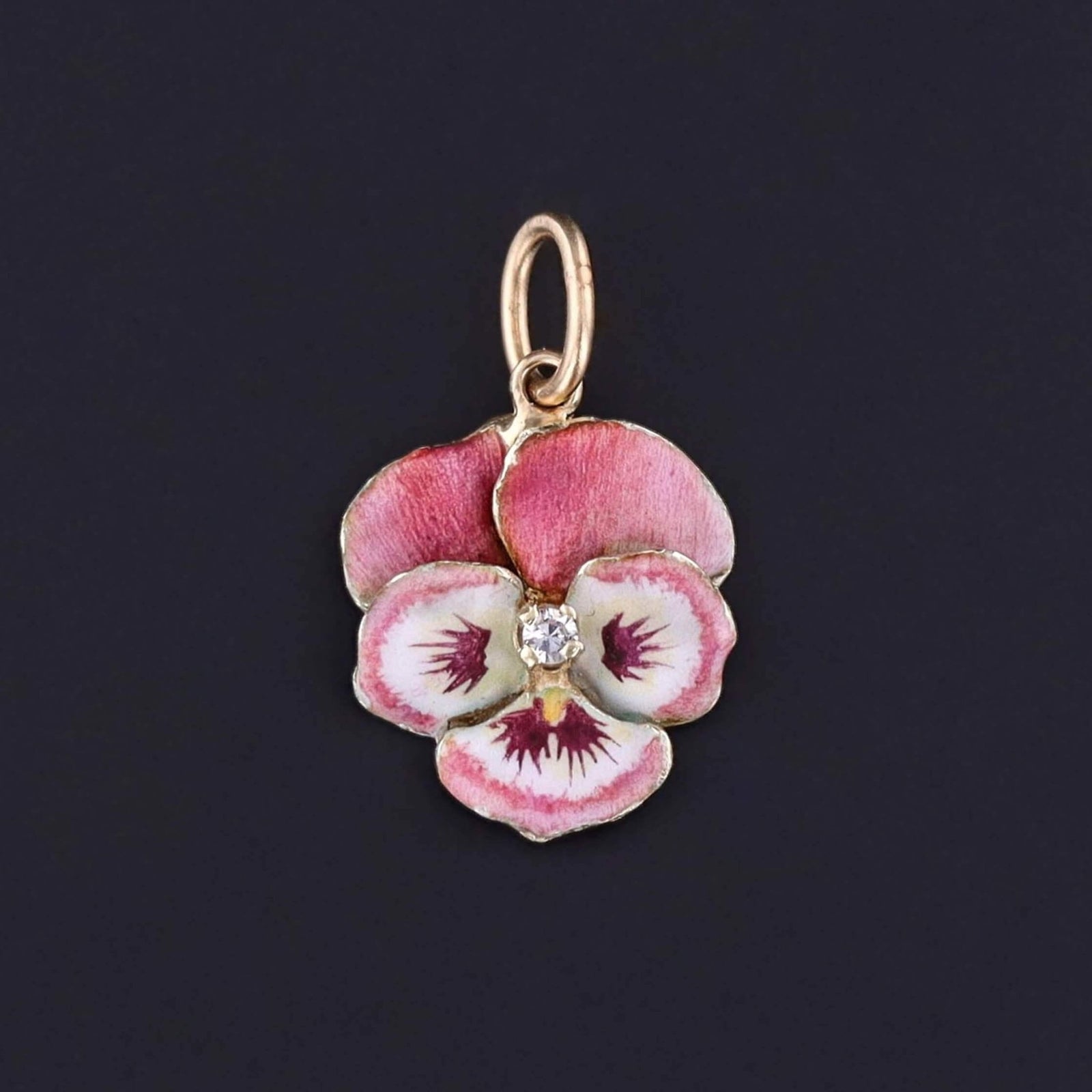 Vintage Pink Enamel Pansy Charm of 14k Gold - Trademark Antiques
