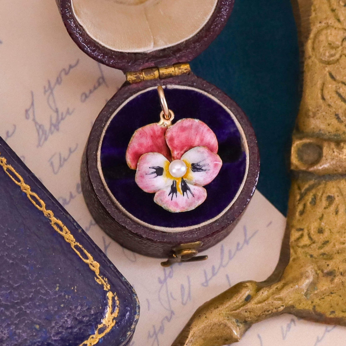 Vintage Pink Enamel Pansy Charm of 14k Gold - Trademark Antiques