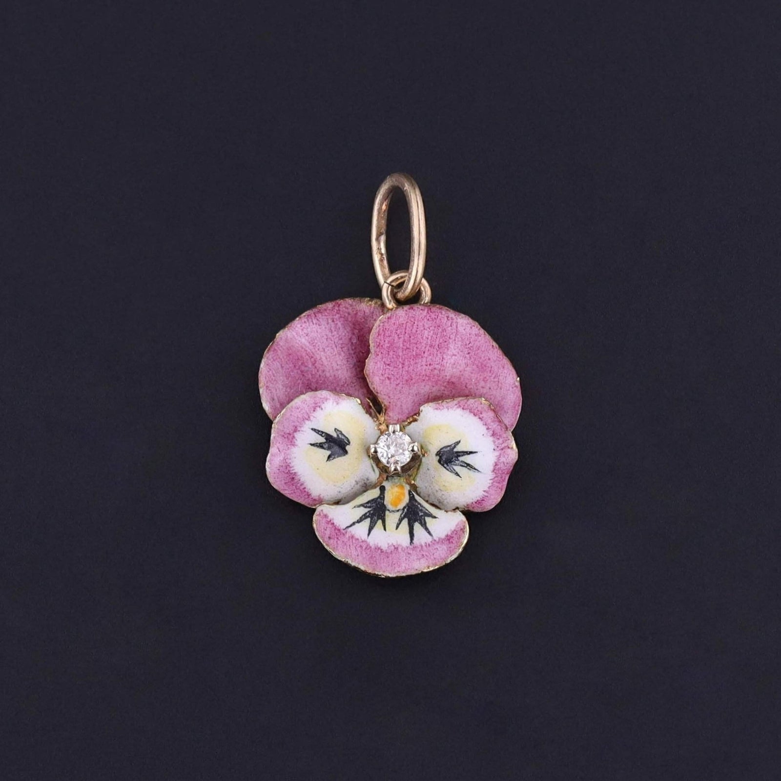 Vintage Pink Enamel Pansy Charm of 14k Gold - Trademark Antiques