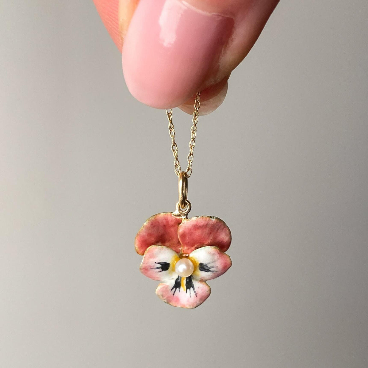 Vintage Pink Enamel Pansy Charm of 14k Gold - Trademark Antiques